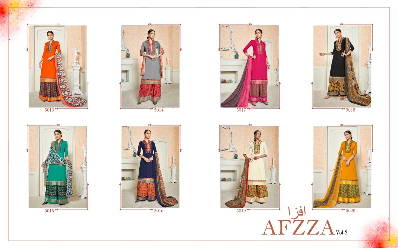 Afzza Vol-2 By Ravi Creation 5013 To 5020 Series Beautiful Suits Colorful Stylish Fancy Casual Wear & Ethnic Wear Pure Satin Cotton With Embroidery Dresses At Wholesale Price