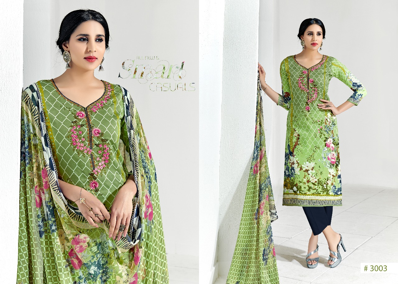 Alifaa By Shri Vijay 3001 To 3008 Series Beautiful Stylish Fancy Colorful Casual Wear & Ethnic Wear Summer Collection Glace Satin Cotton Printed & Embroidered Dresses At Wholesale Price