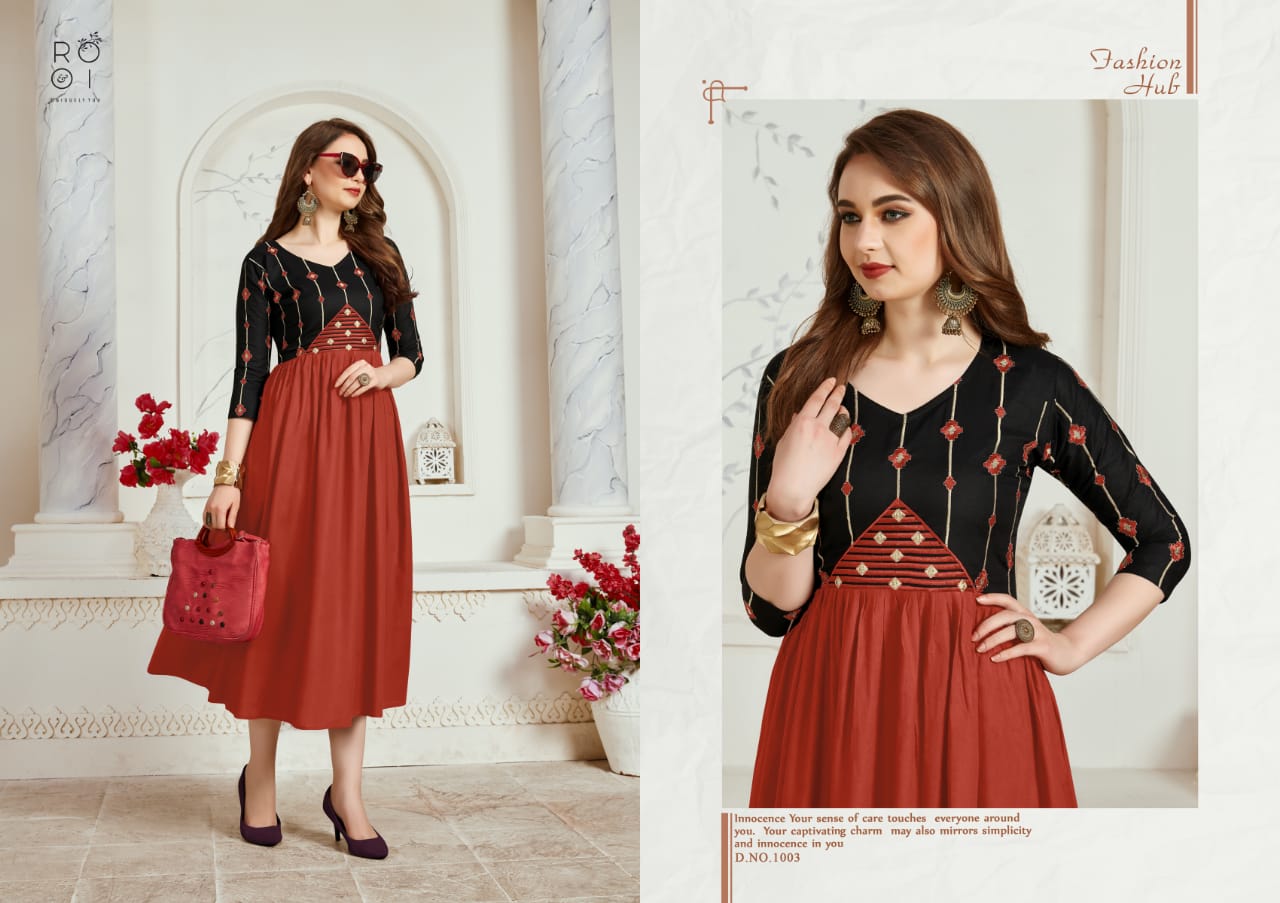 Amayra By Rooi Designer  1001 To 1006 Series Beautiful Stylish Colorful Fancy Party Wear & Ethnic Wear & Ready To Wear Rayon / Slub/ Two Tone  Kurtis With Inner At Wholesale Price
