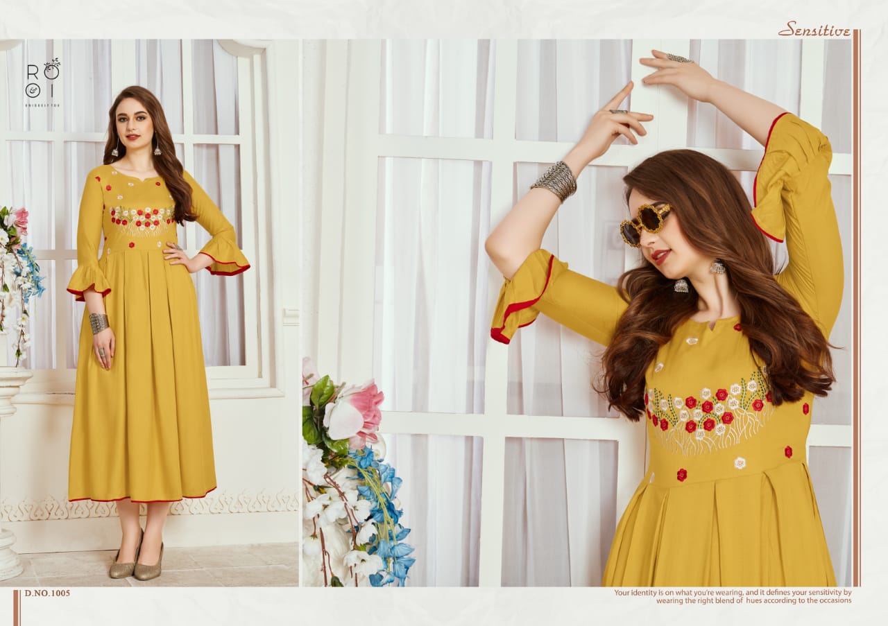 Amayra By Rooi Designer  1001 To 1006 Series Beautiful Stylish Colorful Fancy Party Wear & Ethnic Wear & Ready To Wear Rayon / Slub/ Two Tone  Kurtis With Inner At Wholesale Price