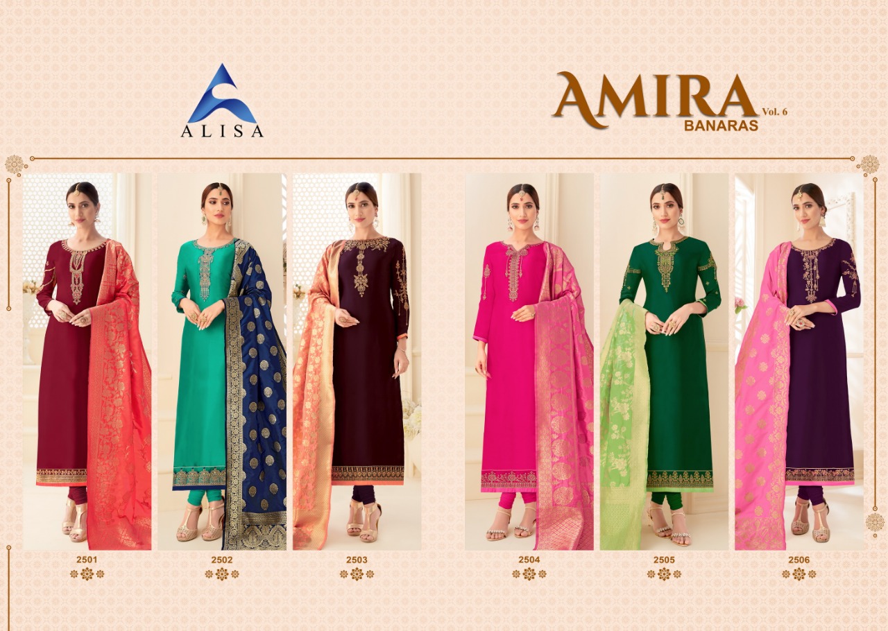 Amira Vol-6 By Alisa 2501 To 2506 Series Indian Traditional Wear Collection Beautiful Stylish Fancy Colorful Party Wear & Occasional Wear Satin Georgette With Heavy Work And Additional Diamond Work Dresses At Wholesale Price