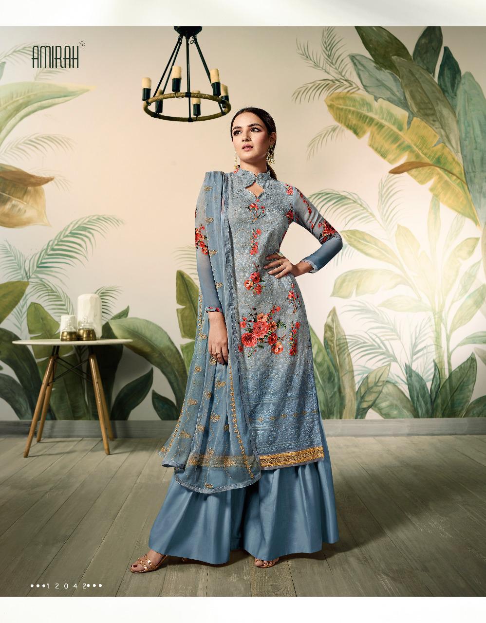 Amirah Lakhnavi By Amirah 12041 To 12046 Series Designer Sharara Suits Collection Beautiful Stylish Fancy Colorful Party Wear & Occasional Wear Georgette Digital Print With Lakhnavi Work Dresses At Wholesale Price