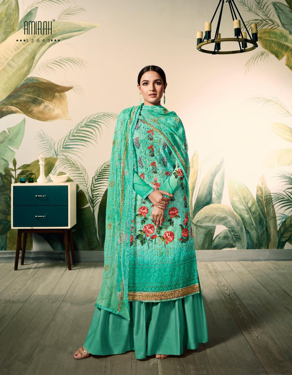 Amirah Lakhnavi By Amirah 12041 To 12046 Series Designer Sharara Suits Collection Beautiful Stylish Fancy Colorful Party Wear & Occasional Wear Georgette Digital Print With Lakhnavi Work Dresses At Wholesale Price