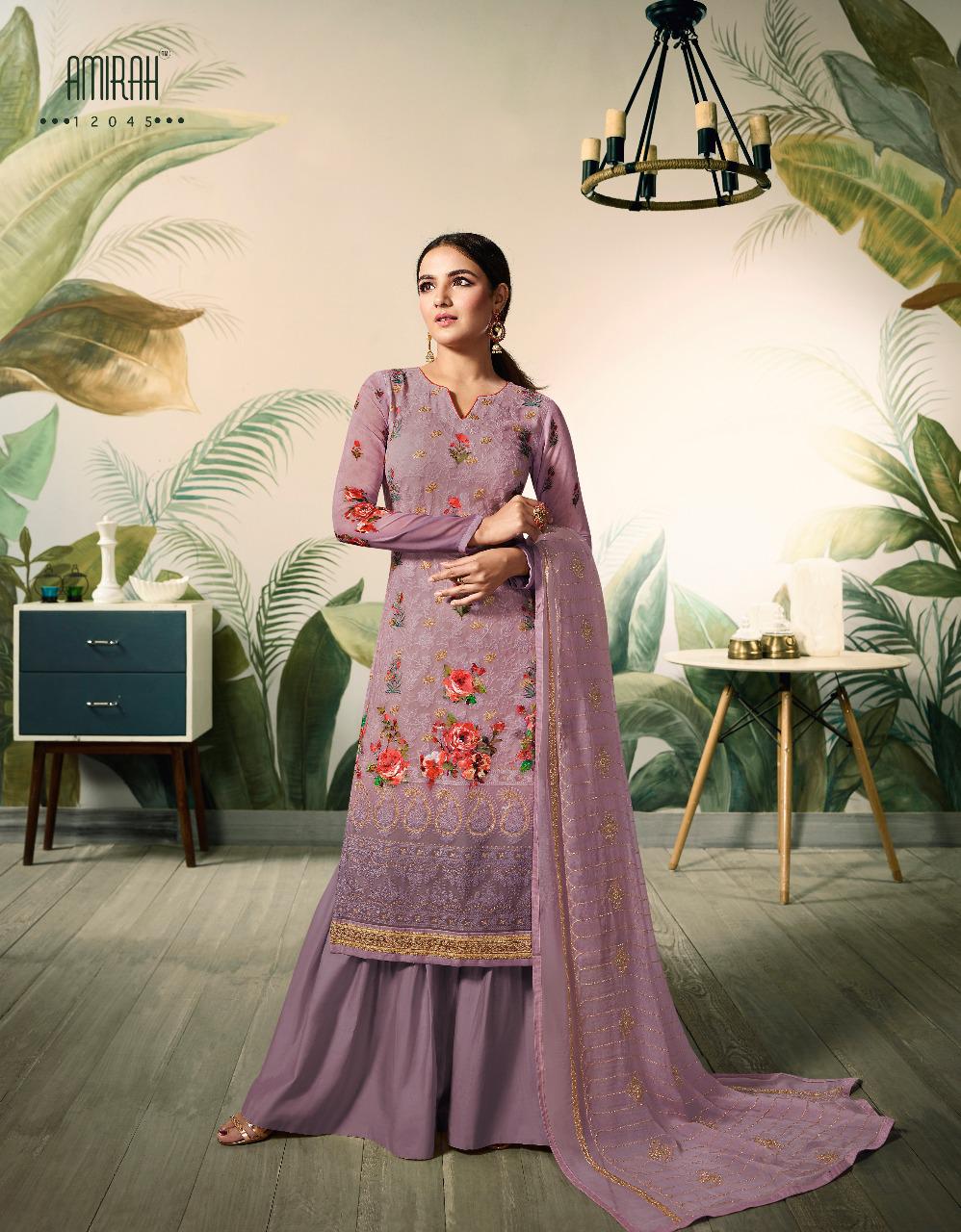 Amirah Lakhnavi By Amirah 12041 To 12046 Series Designer Sharara Suits Collection Beautiful Stylish Fancy Colorful Party Wear & Occasional Wear Georgette Digital Print With Lakhnavi Work Dresses At Wholesale Price