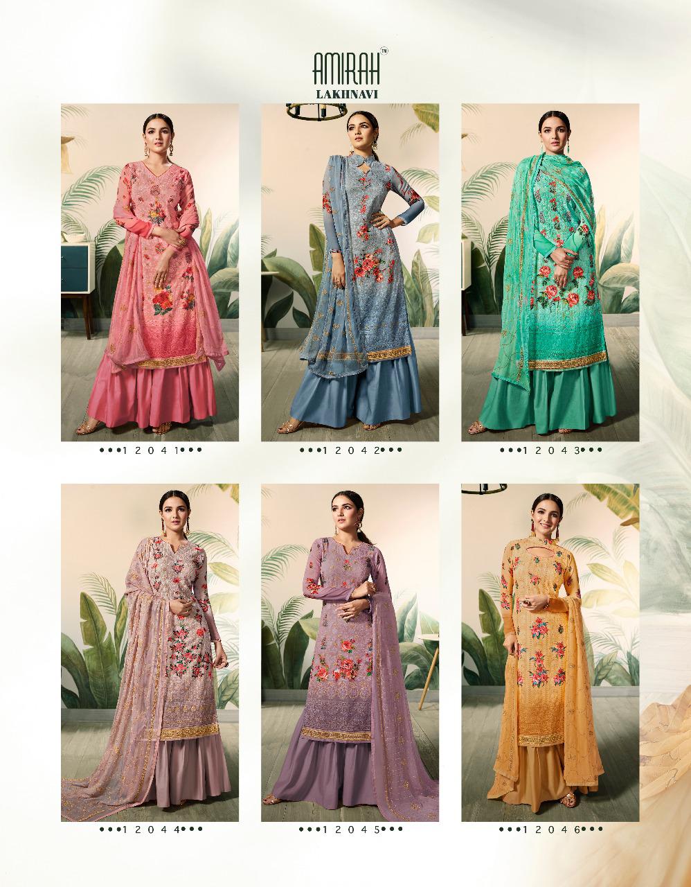 Amirah Lakhnavi By Amirah 12041 To 12046 Series Designer Sharara Suits Collection Beautiful Stylish Fancy Colorful Party Wear & Occasional Wear Georgette Digital Print With Lakhnavi Work Dresses At Wholesale Price