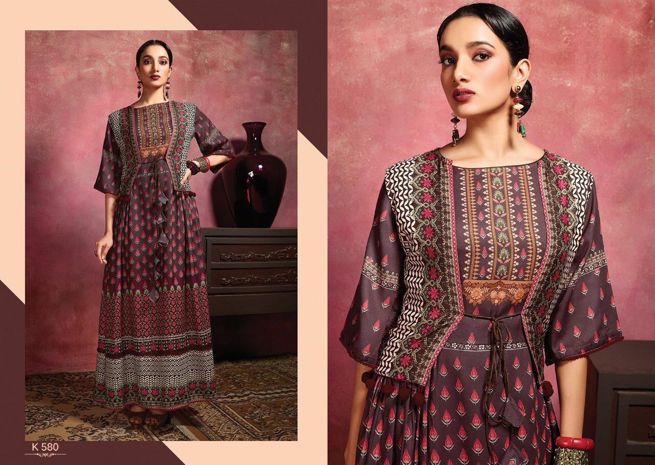 Amora By Eternal 580 To 588 Series Beautiful Stylish Fancy Colorful Casual Wear & Ethnic Wear & Ready To Wear Rose Cotton Digital Printed Multilayered  Gown With Jacket Gowns At Wholesale Price