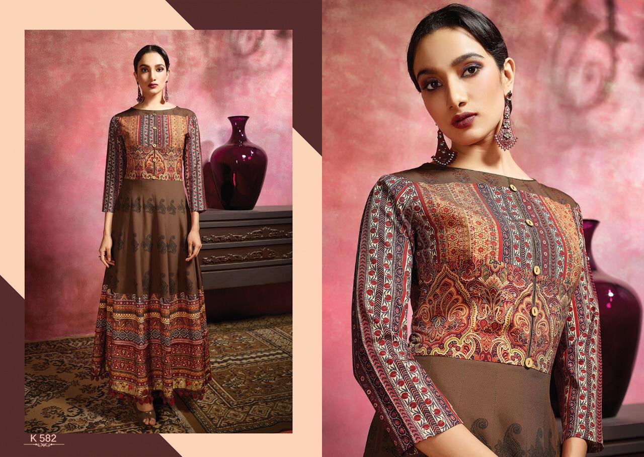 Amora By Eternal 580 To 588 Series Beautiful Stylish Fancy Colorful Casual Wear & Ethnic Wear & Ready To Wear Rose Cotton Digital Printed Multilayered  Gown With Jacket Gowns At Wholesale Price