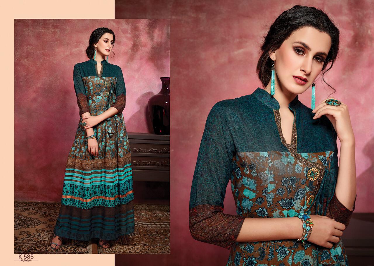 Amora By Eternal 580 To 588 Series Beautiful Stylish Fancy Colorful Casual Wear & Ethnic Wear & Ready To Wear Rose Cotton Digital Printed Multilayered  Gown With Jacket Gowns At Wholesale Price