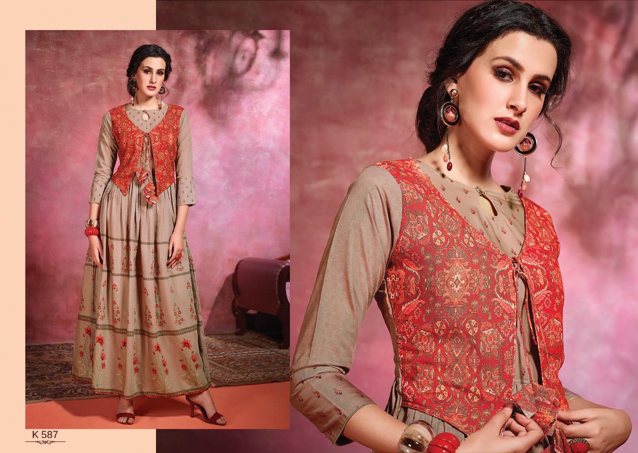 Amora By Eternal 580 To 588 Series Beautiful Stylish Fancy Colorful Casual Wear & Ethnic Wear & Ready To Wear Rose Cotton Digital Printed Multilayered  Gown With Jacket Gowns At Wholesale Price