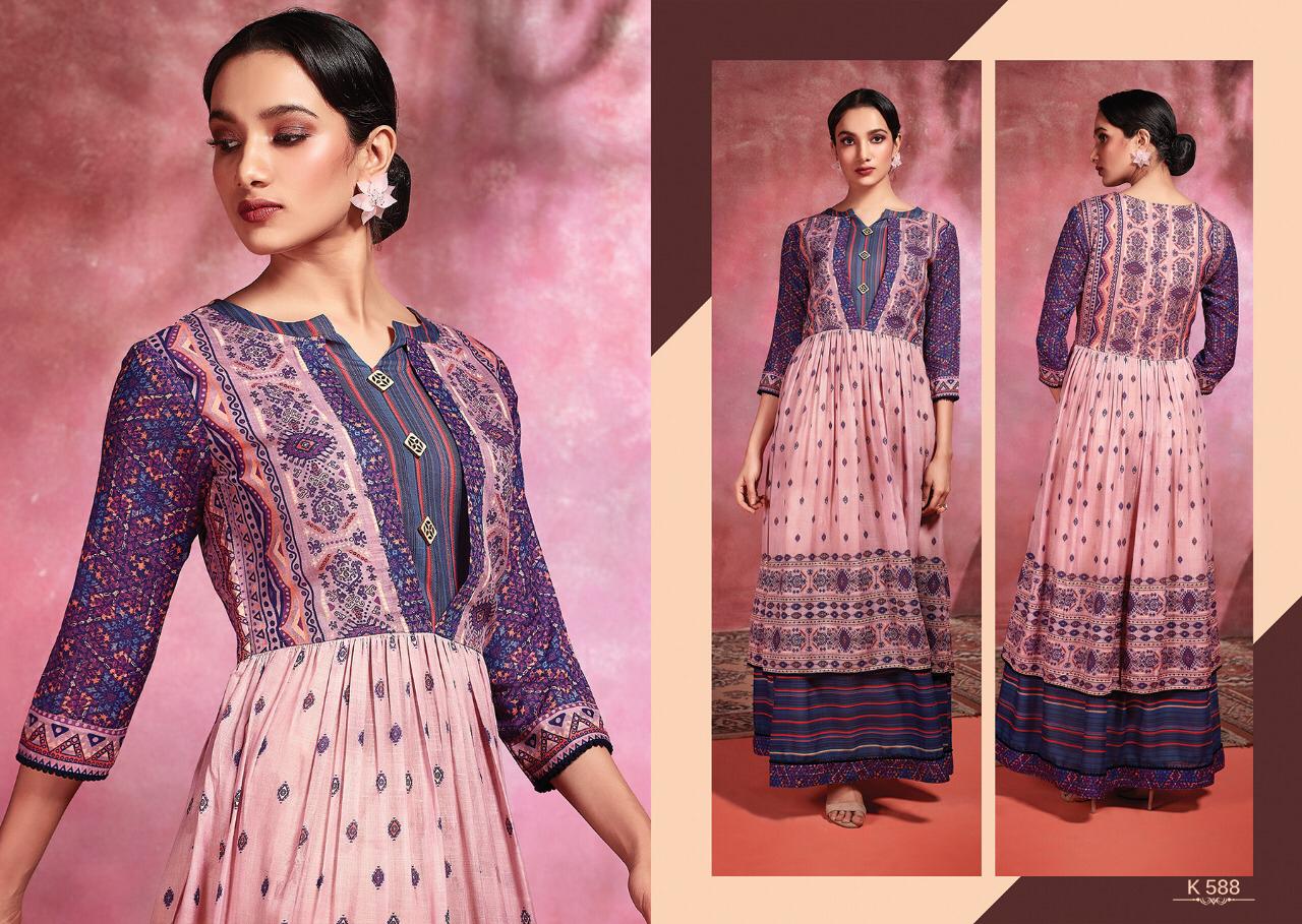 Amora By Eternal 580 To 588 Series Beautiful Stylish Fancy Colorful Casual Wear & Ethnic Wear & Ready To Wear Rose Cotton Digital Printed Multilayered  Gown With Jacket Gowns At Wholesale Price