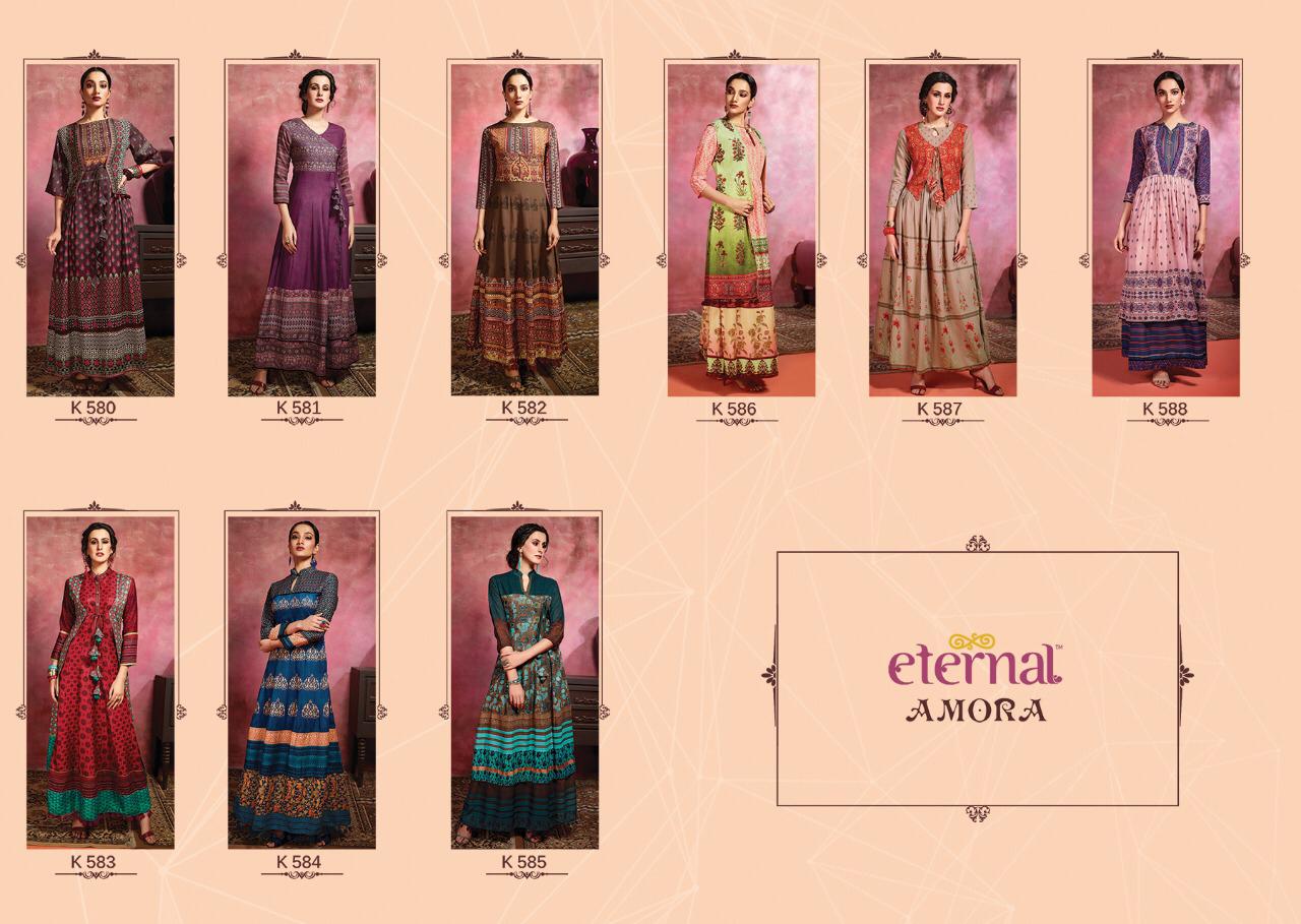 Amora By Eternal 580 To 588 Series Beautiful Stylish Fancy Colorful Casual Wear & Ethnic Wear & Ready To Wear Rose Cotton Digital Printed Multilayered  Gown With Jacket Gowns At Wholesale Price