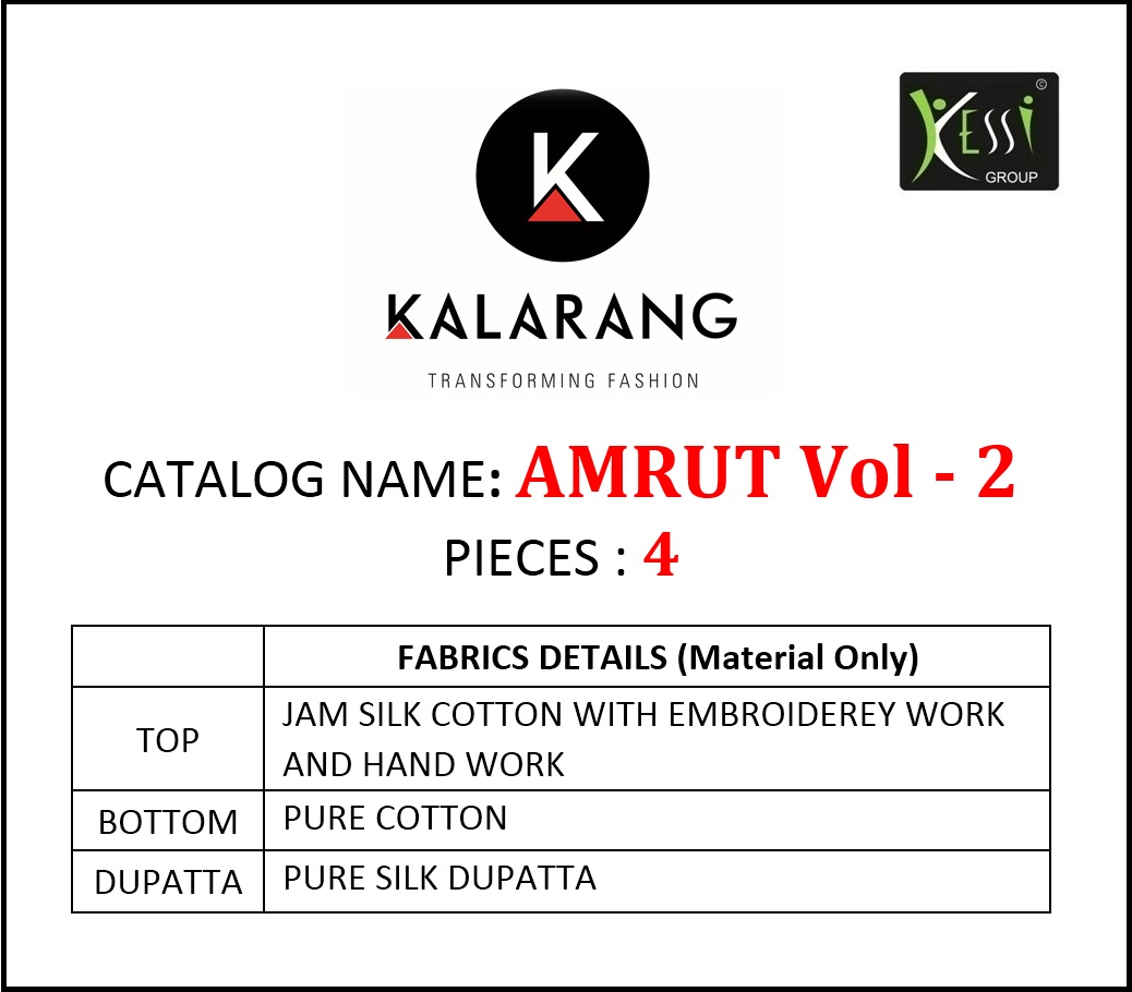 Amrut Vol-2 By Kalarang 801 To 804 Series Indian Traditional Wear Collection Beautiful Stylish Fancy Colorful Party Wear & Occasional Wear Jam Silk Cotton With Embroidery Dresses At Wholesale Price