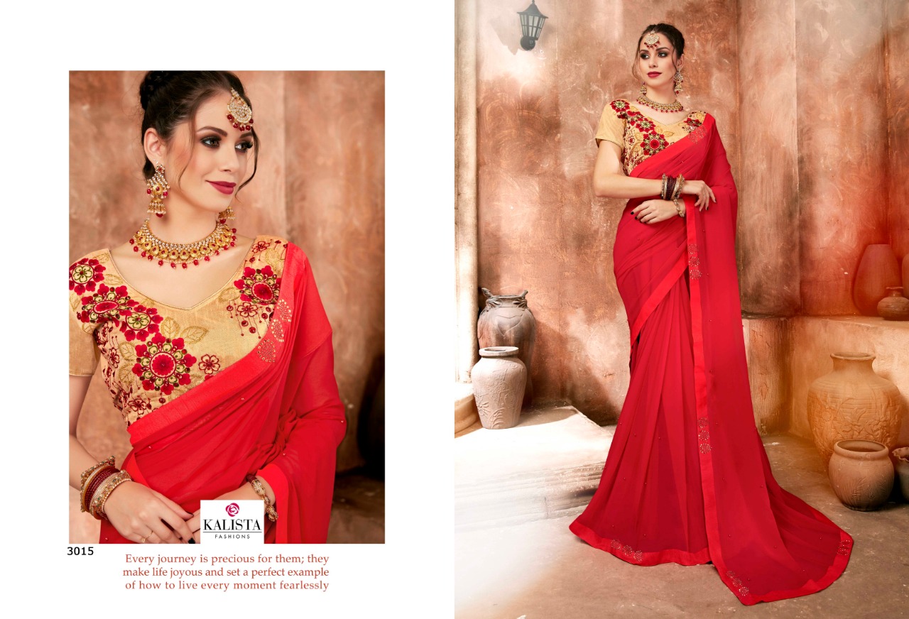 Anandi Vol-3 By Kalista Fashion 3011 To 3018 Series Indian Traditional Wear Collection Beautiful Stylish Fancy Colorful Party Wear & Occasional Wear Chiffon/ Georgette Embroidered Sarees At Wholesale Price