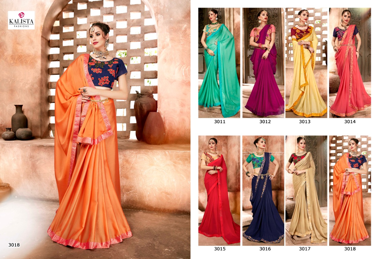 Anandi Vol-3 By Kalista Fashion 3011 To 3018 Series Indian Traditional Wear Collection Beautiful Stylish Fancy Colorful Party Wear & Occasional Wear Chiffon/ Georgette Embroidered Sarees At Wholesale Price