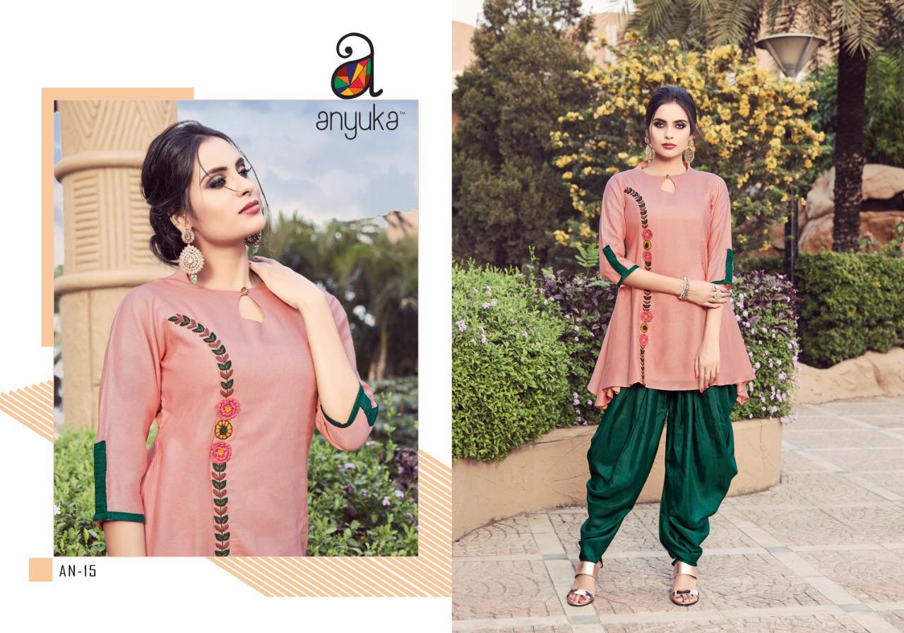 Anyuka An-09 To An-17 Series By Anyuka Beautiful Colorful Stylish Fancy Casual Wear & Ethnic Wear & Ready To Wear Modal Satin Handwork Kurtis With Palazzo At Wholesale Price