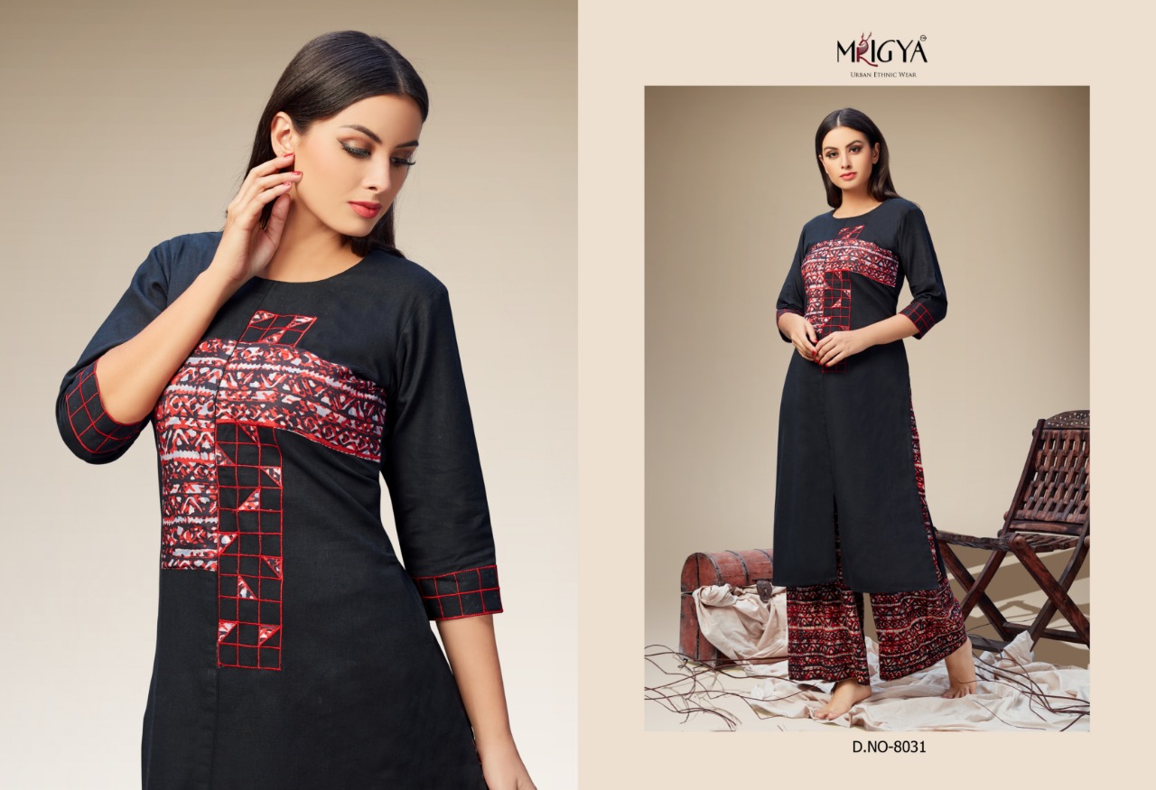 Applique Vol-2 By Mrigya 8028 To 8035 Series Beautiful Colorful Stylish Fancy Casual Wear & Ethnic Wear & Ready To Wear Cotton Flex Kurtis & Palazzos At Wholesale Price