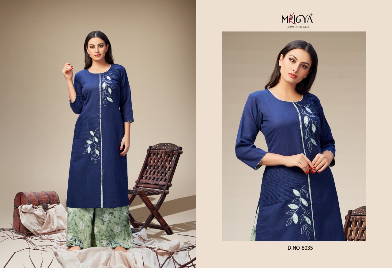 Applique Vol-2 By Mrigya 8028 To 8035 Series Beautiful Colorful Stylish Fancy Casual Wear & Ethnic Wear & Ready To Wear Cotton Flex Kurtis & Palazzos At Wholesale Price