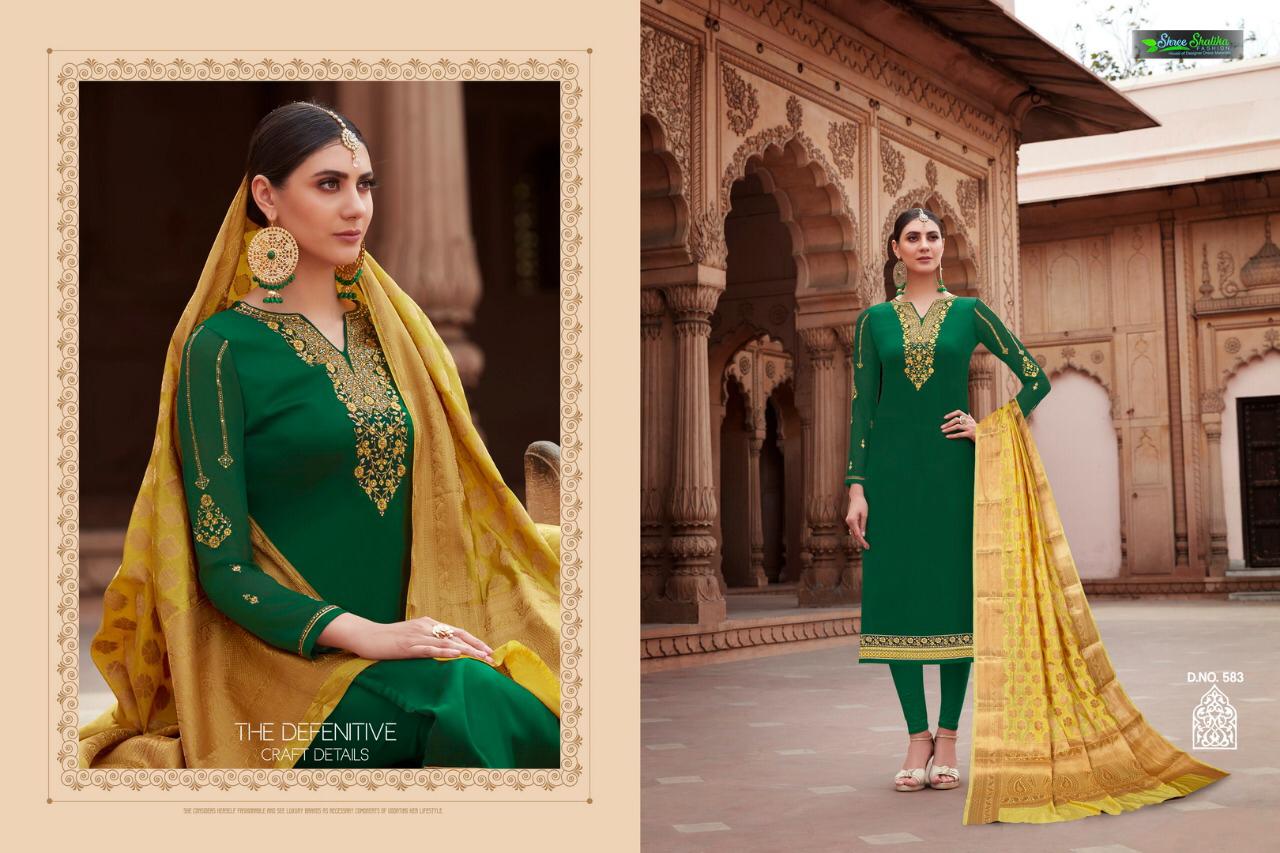 Apsara Vol-5 By Shree Shalika 581 To 587 Series Designer Festive Suits Collection Beautiful Stylish Fancy Colorful Party Wear & Occasional Wear Sartin Georgette With Embroidery Dresses At Wholesale Price