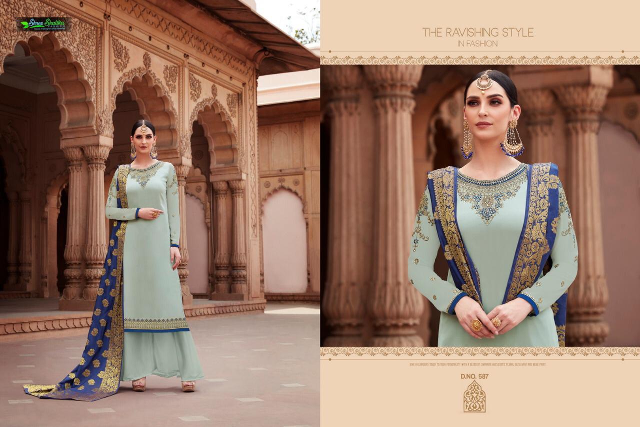 Apsara Vol-5 By Shree Shalika 581 To 587 Series Designer Festive Suits Collection Beautiful Stylish Fancy Colorful Party Wear & Occasional Wear Sartin Georgette With Embroidery Dresses At Wholesale Price