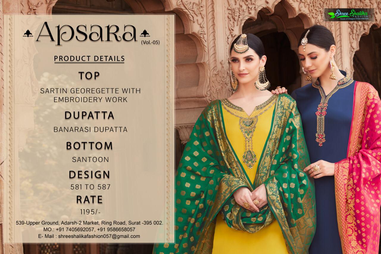 Apsara Vol-5 By Shree Shalika 581 To 587 Series Designer Festive Suits Collection Beautiful Stylish Fancy Colorful Party Wear & Occasional Wear Sartin Georgette With Embroidery Dresses At Wholesale Price