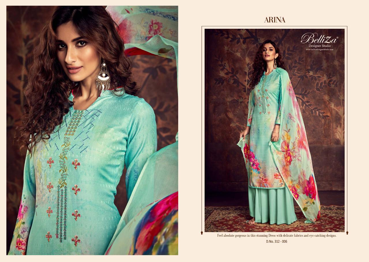 Arina By Belliza 312-001 To 312-010 Series Beautiful Suits Collection Beautiful Stylish Fancy Colorful Casual Wear & Ethnic Wear Pure Pashmani Digital Print With Fancy Embroidery Dresses At Wholesale Price
