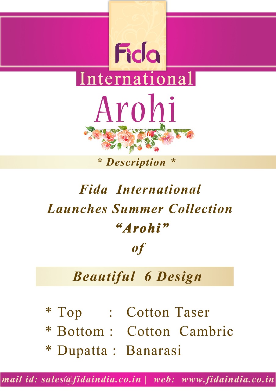 Arohi By Fida 1001 To 1006 Series Designer Suits Beautiful Stylish Fancy Colorful Party Wear & Ethnic Wear Cotton Taser Printed Dresses At Wholesale Price
