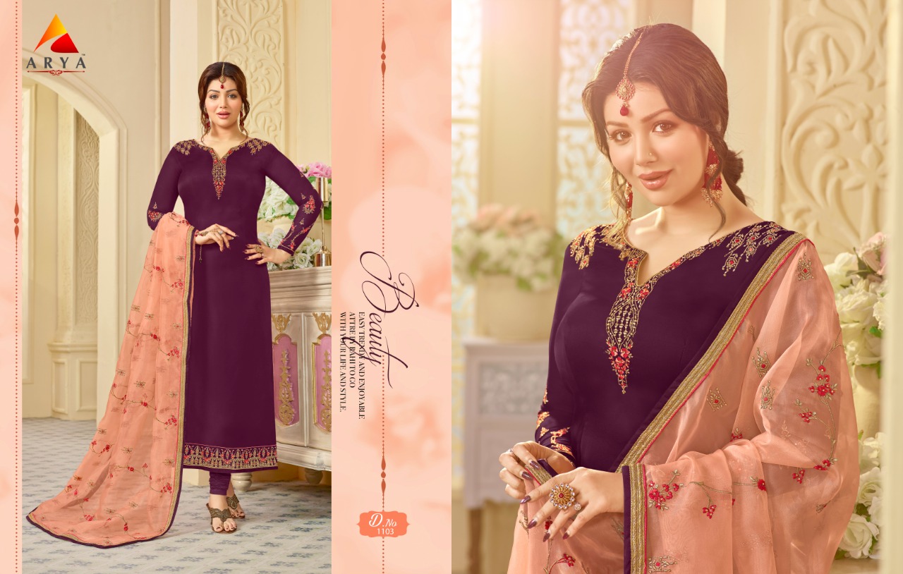 Arya Vol-1 By Arya 1101 To 1108 Series Beautiful Suits Collection Stylish Fancy Colorful Casual Wear & Ethnic Wear Satin Georgette Embroidered Dresses At Wholesale Price
