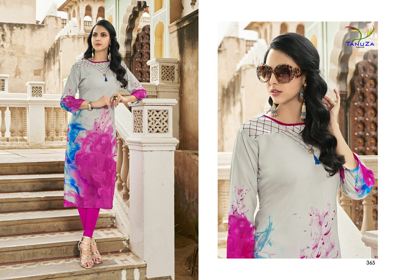 Asima By Tanuza Fashion 353 To 365 Series Stylish Fancy Beautiful Colorful Casual Wear & Ethnic Wear Poly Rayon Print Kurtis At Wholesale Price