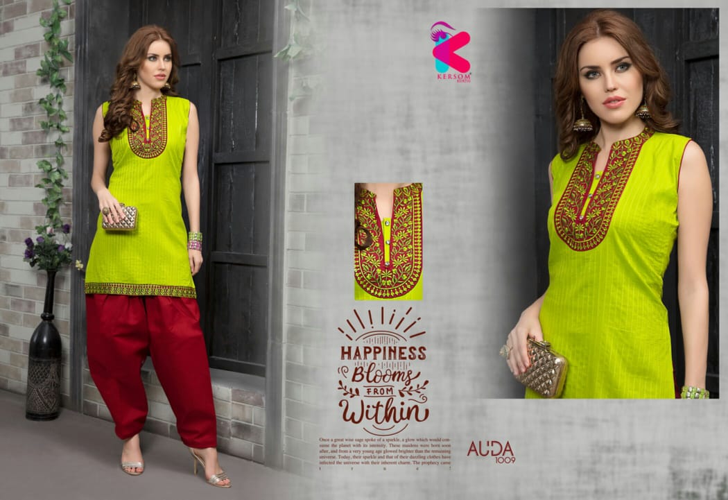Auda By Kersom 1001 To 1011 Series Beautiful Stylish Colorful Fancy Party Wear & Ethnic Wear & Ready To Wear Cotton Lawn Kurtis With Patiyala At Wholesale Price