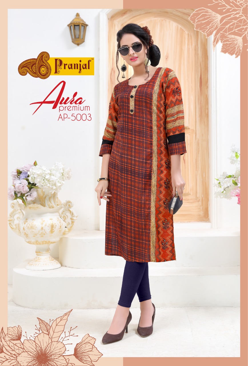 Aura Premium Vol-5 By Pranjal Creation 5001 To 5009 Series Beautiful Stylish Fancy Colorful Casual Wear & Ethnic Wear & Ready To Wear Rayon Printed Kurtis At Wholesale Price