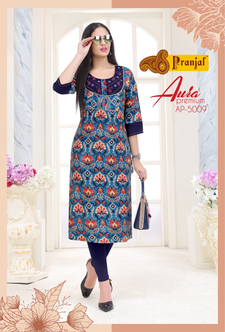 Aura Premium Vol-5 By Pranjal Creation 5001 To 5009 Series Beautiful Stylish Fancy Colorful Casual Wear & Ethnic Wear & Ready To Wear Rayon Printed Kurtis At Wholesale Price