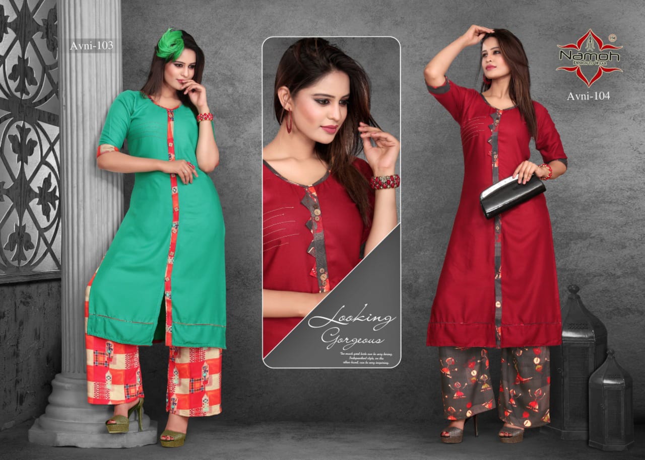 Avni By Namoh 101 To 112 Series Beautiful Colorful Stylish Fancy Casual Wear & Ethnic Wear & Ready To Wear Heavy Rayon Plain Printed Kurtis With Palazzo At Wholesale Price