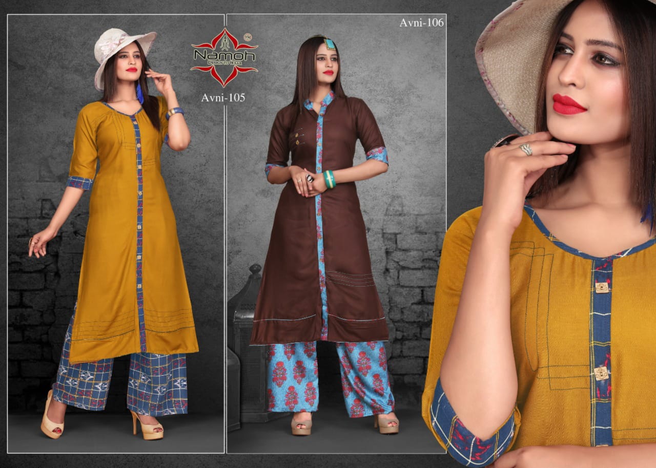 Avni By Namoh 101 To 112 Series Beautiful Colorful Stylish Fancy Casual Wear & Ethnic Wear & Ready To Wear Heavy Rayon Plain Printed Kurtis With Palazzo At Wholesale Price
