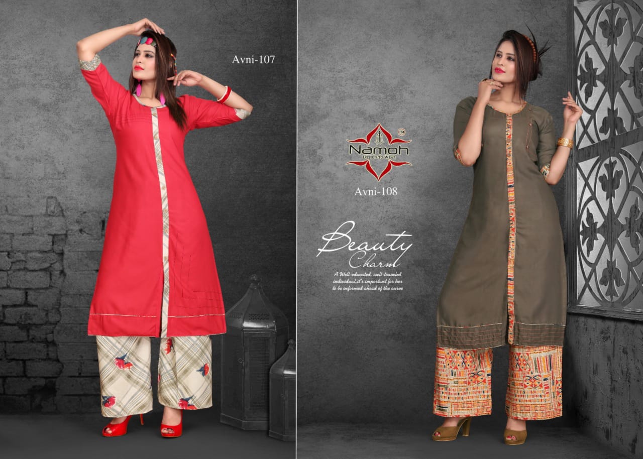 Avni By Namoh 101 To 112 Series Beautiful Colorful Stylish Fancy Casual Wear & Ethnic Wear & Ready To Wear Heavy Rayon Plain Printed Kurtis With Palazzo At Wholesale Price