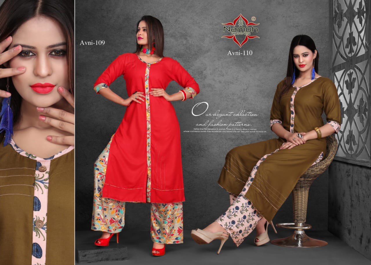 Avni By Namoh 101 To 112 Series Beautiful Colorful Stylish Fancy Casual Wear & Ethnic Wear & Ready To Wear Heavy Rayon Plain Printed Kurtis With Palazzo At Wholesale Price