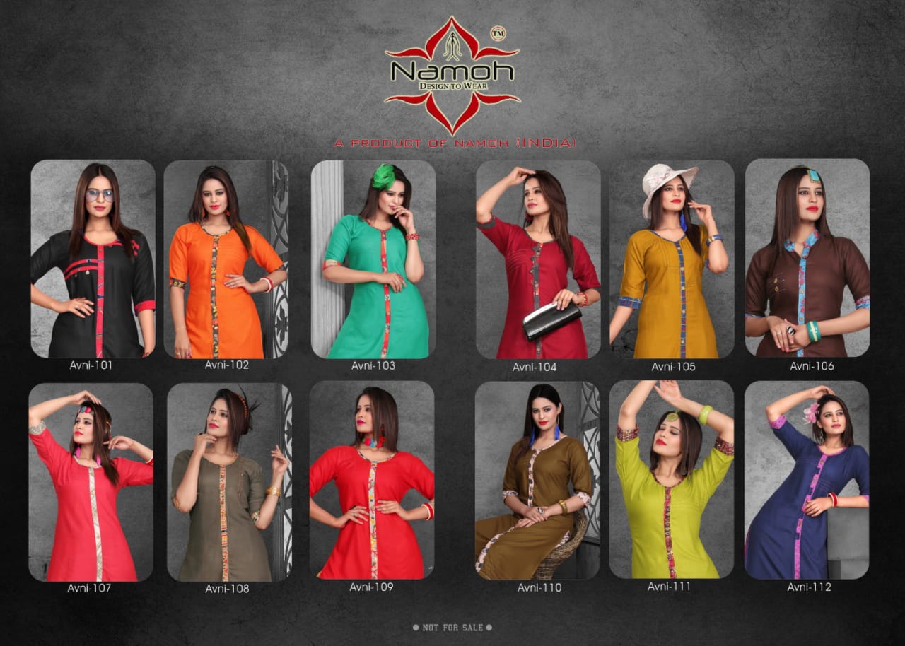Avni By Namoh 101 To 112 Series Beautiful Colorful Stylish Fancy Casual Wear & Ethnic Wear & Ready To Wear Heavy Rayon Plain Printed Kurtis With Palazzo At Wholesale Price