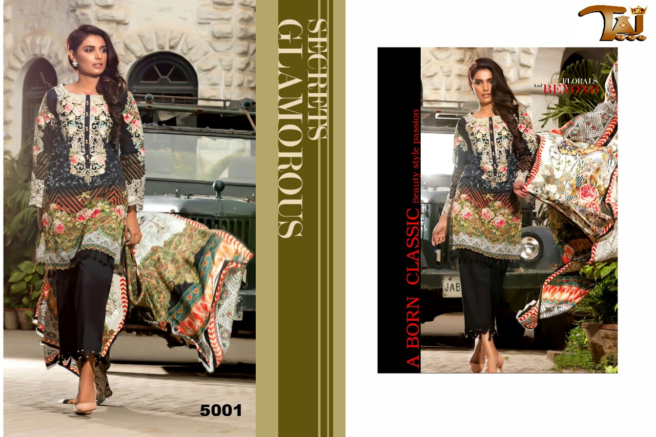 Ayesha Zohaib Vol-5 By Taj Fab 5001 To 5005 Series Pakistani Suits Beautiful Stylish Fancy Colorful Party Wear & Ethnic Wear Cotton Satin Embroidered Dresses At Wholesale Price