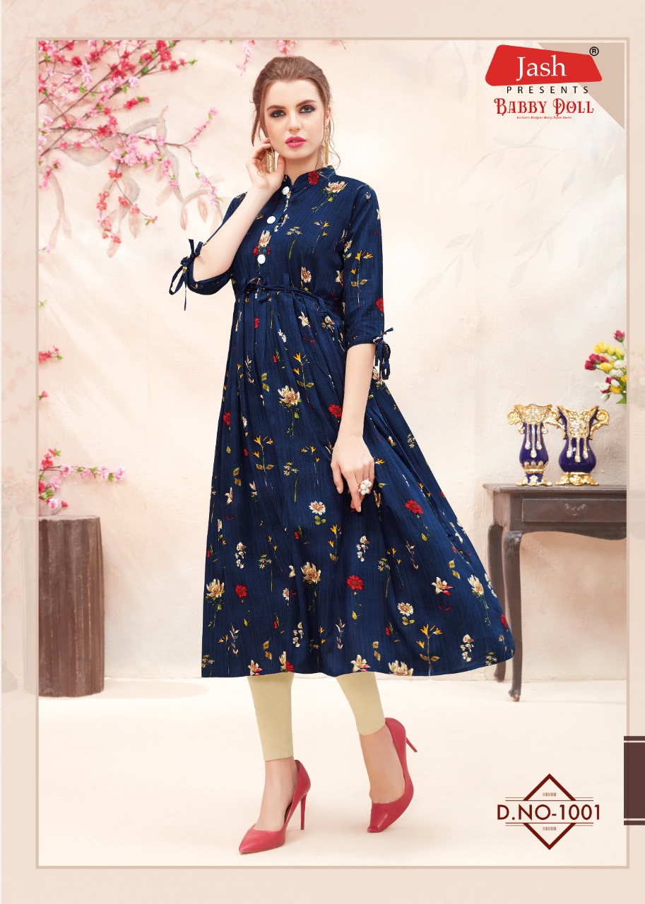 Babby Doll Vol-1 By Jash Enterprise 1001 To 1010 Series Beautiful Stylish Fancy Colorful Casual Wear & Ethnic Wear & Ready To Wear Heavy Rayon Printed Kurtis At Wholesale Price