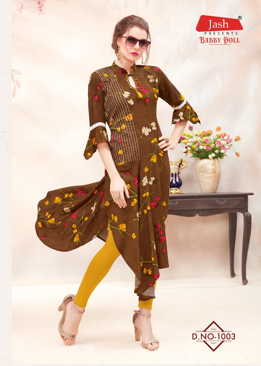 Babby Doll Vol-1 By Jash Enterprise 1001 To 1010 Series Beautiful Stylish Fancy Colorful Casual Wear & Ethnic Wear & Ready To Wear Heavy Rayon Printed Kurtis At Wholesale Price