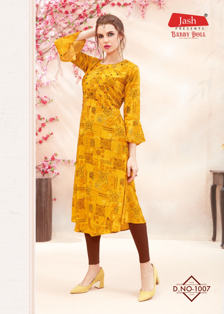 Babby Doll Vol-1 By Jash Enterprise 1001 To 1010 Series Beautiful Stylish Fancy Colorful Casual Wear & Ethnic Wear & Ready To Wear Heavy Rayon Printed Kurtis At Wholesale Price