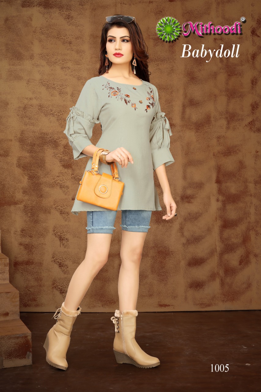 Baby Doll Vol-2 By Mithoodi 1001 To 1005 Series Beautiful Stylish Fancy Colorful Casual Wear & Ethnic Wear Maya Slub Embroidered Tops At Wholesale Price
