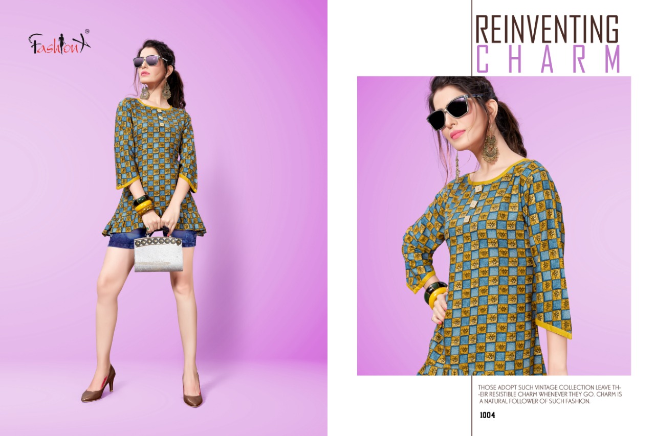 Baby Doll By Fashion X 1001 To 1006 Series Beautiful Stylish Colorful Fancy Party Wear & Ethnic Wear & Ready To Wear Heavy Rayon Printed Kurtis/ Tops At Wholesale Price