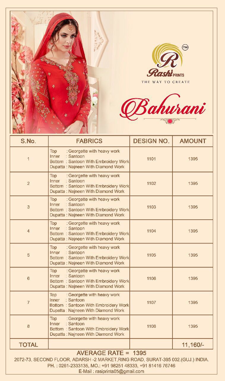 Bahurani By Rashi Prints 1101 To 1108 Series Designer Suits Beautiful Stylish Fancy Colorful Party Wear & Occasional Wear Georgette Dresses At Wholesale Price