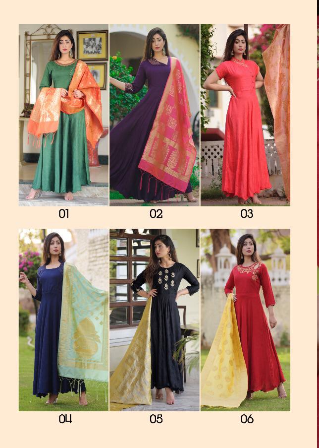 Banaras By Mustard 01 To 06 Series Beautiful Stylish Colorful Fancy Party Wear & Ethnic Wear & Ready To Wear Heavy Rayon Jacquard Embroiderd Gowns With Dupatta At Wholesale Price