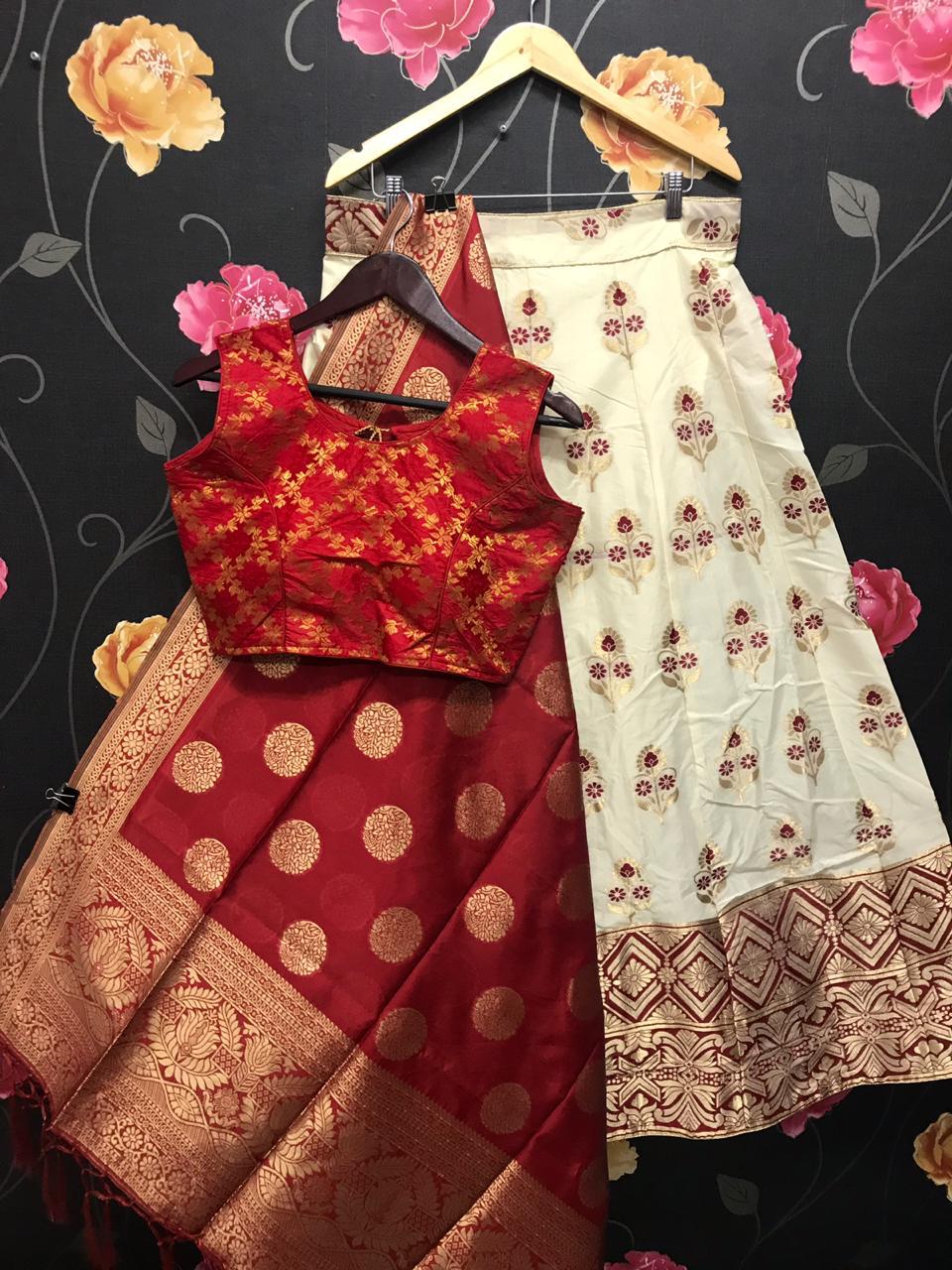 Banarasi Silk Lehenga By Fashid Wholesale 101 To 105 Series Designer Beautiful Navratri Collection Occasional Wear & Party Wear Pure Banarasi Silk Hand Printed Lehengas At Wholesale Price