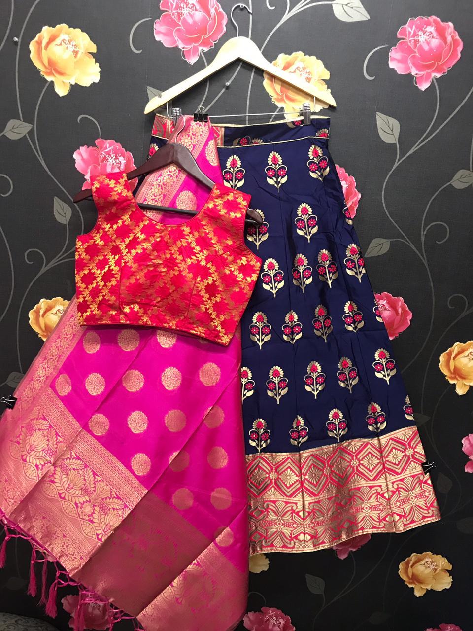 Banarasi Silk Lehenga By Fashid Wholesale 101 To 105 Series Designer Beautiful Navratri Collection Occasional Wear & Party Wear Pure Banarasi Silk Hand Printed Lehengas At Wholesale Price
