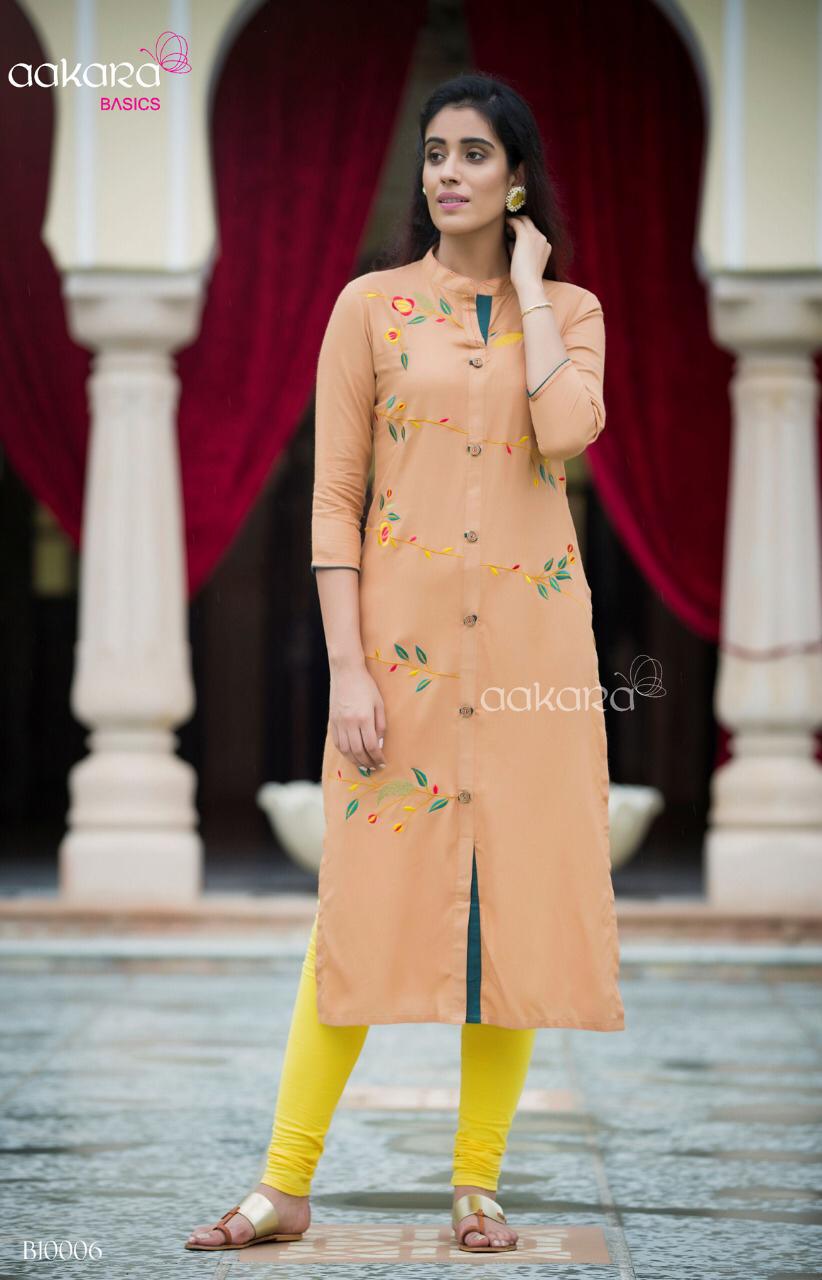 Basics Vol-10 By Aakara 001 To 008 Series Stylish Fancy Beautiful Colorful Casual Wear & Ethnic Wear Rayon With Embroidery Kurtis At Wholesale Price
