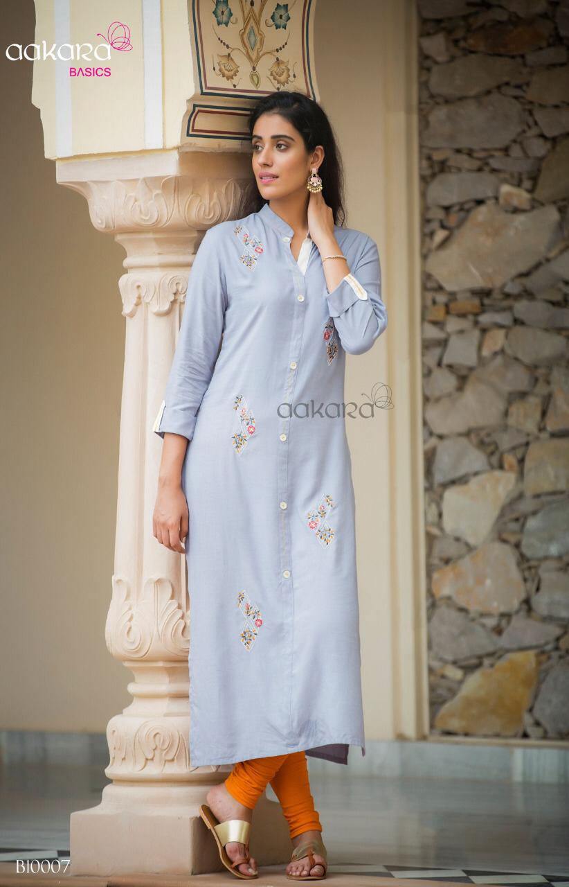 Basics Vol-10 By Aakara 001 To 008 Series Stylish Fancy Beautiful Colorful Casual Wear & Ethnic Wear Rayon With Embroidery Kurtis At Wholesale Price