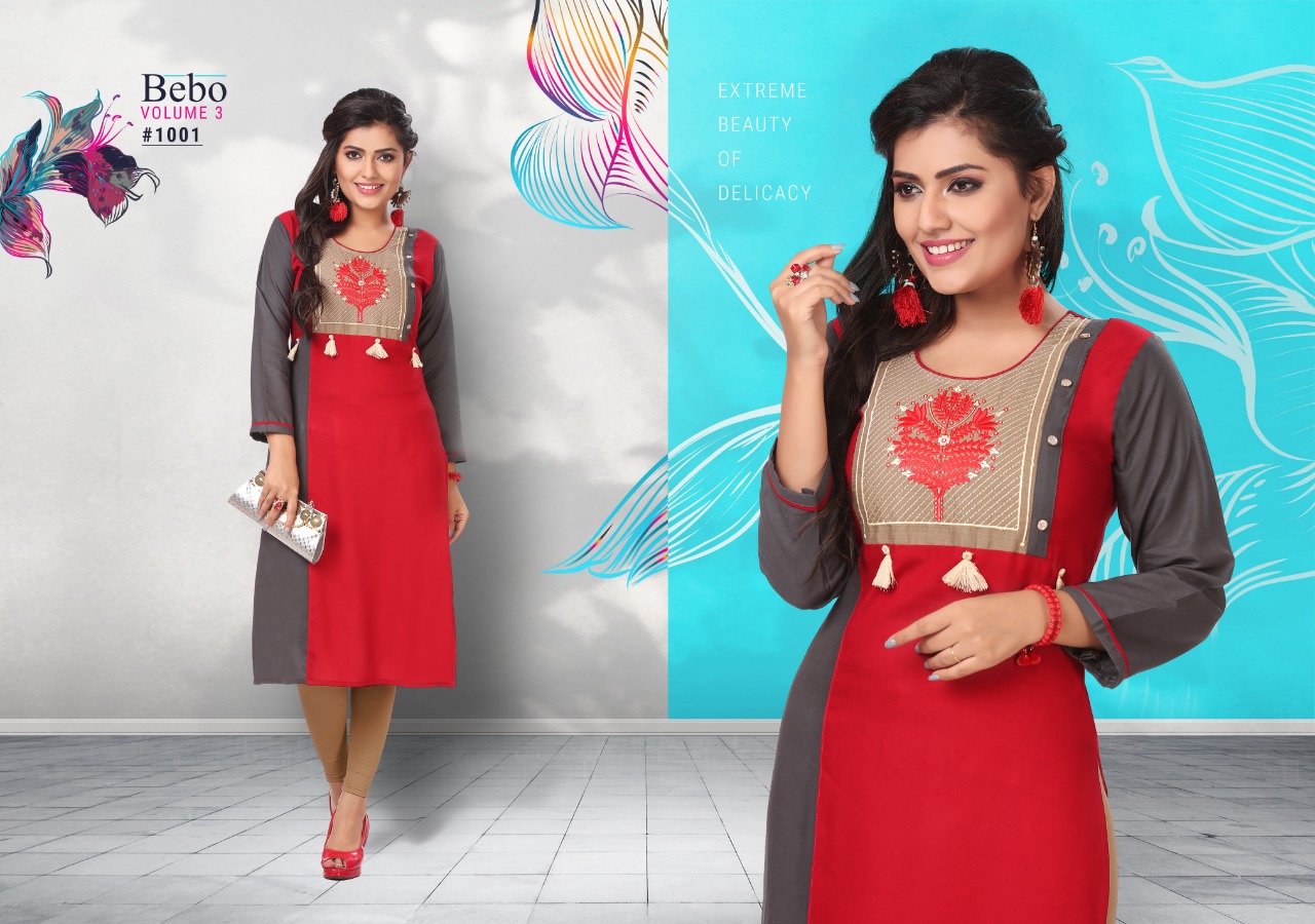 Bebo Vol-3 By Kirtan 1001 To 1010 Series Beautiful Colorful Stylish Fancy Casual Wear & Ethnic Wear & Ready To Wear Rayon Embroidered Kurtis At Wholesale Price