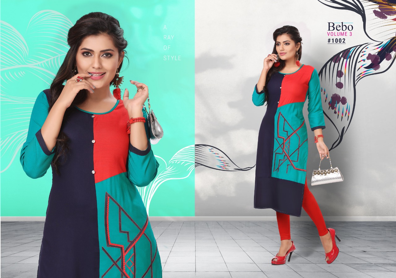 Bebo Vol-3 By Kirtan 1001 To 1010 Series Beautiful Colorful Stylish Fancy Casual Wear & Ethnic Wear & Ready To Wear Rayon Embroidered Kurtis At Wholesale Price
